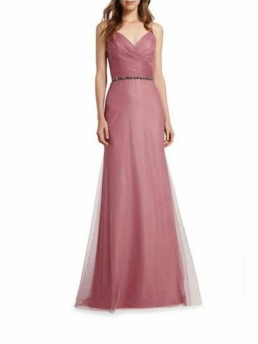 Monique Lhuillier Dusty Rose V-Neck Tulle Maxi Gown